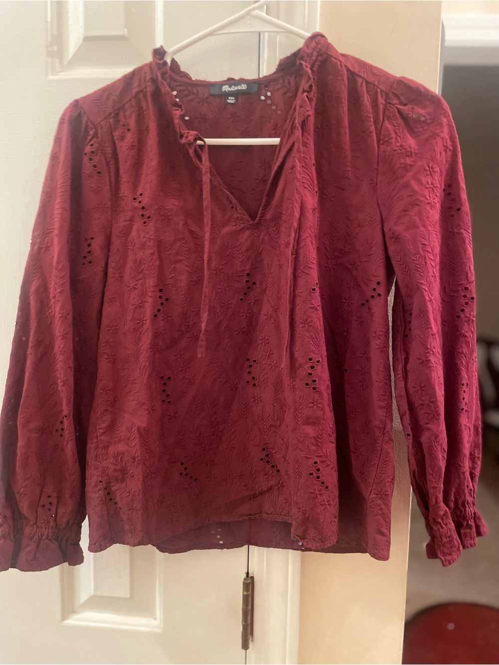 Madewell Burgundy Eyelet V-Neck Peasant Blouse